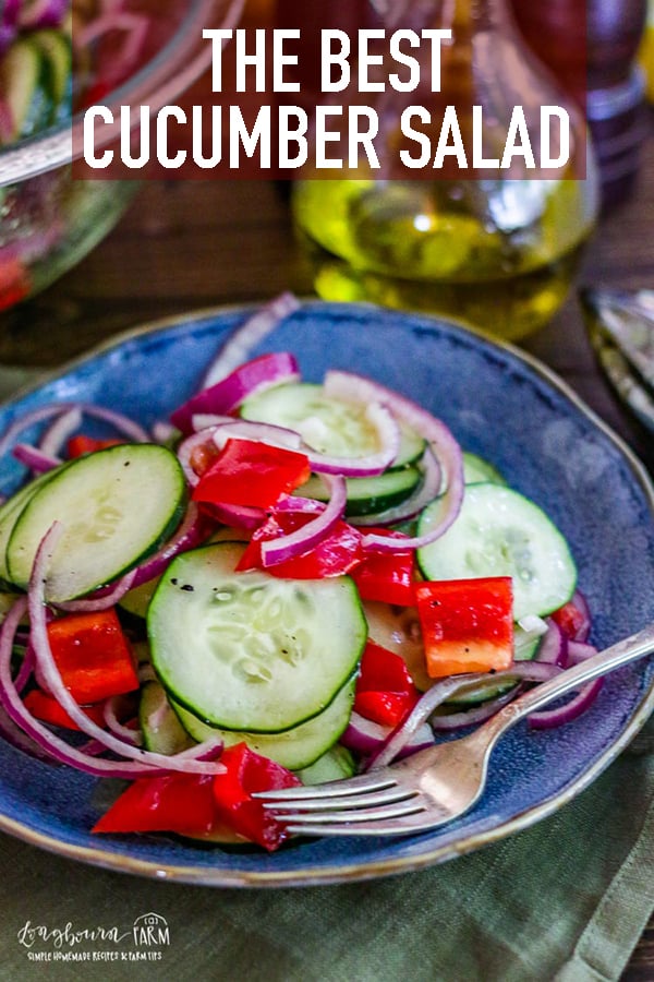 This refreshing easy cucumber salad recipe is perfect for any summer meal! Easy and simple enough for a weeknight meal, elegant enough for a fancy dinner. #cucumbersalad #cucumbersaladrecipe #cucumbers #bellpeppers #redpeppers #longbournfarm #kitchenmemories #foodandfamily