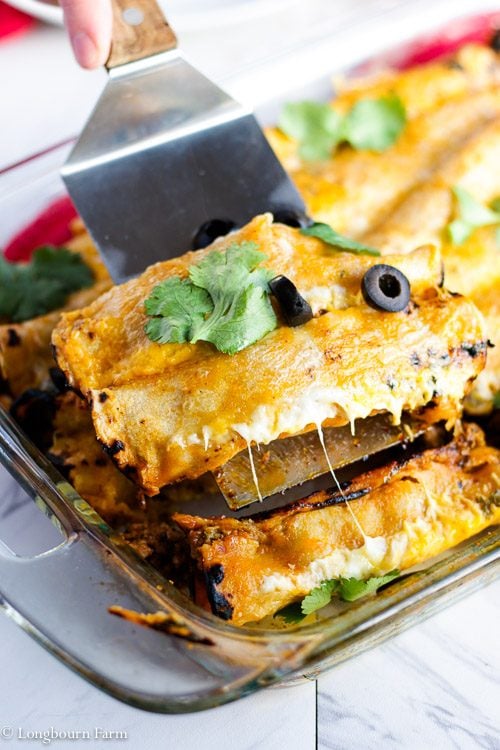 Lifting cheesy beef enchiladas out of a pan.