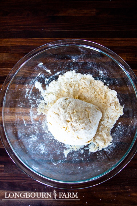 dry pasta dough coming together into a ball in a glass bowl