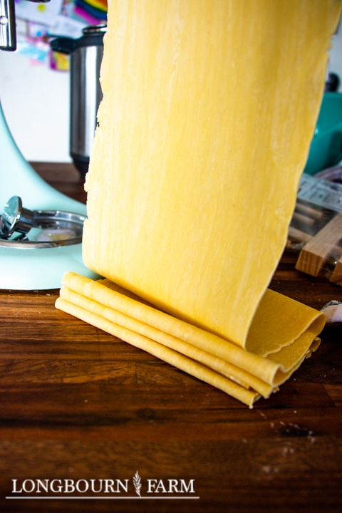 long pasta dough being rolled thin