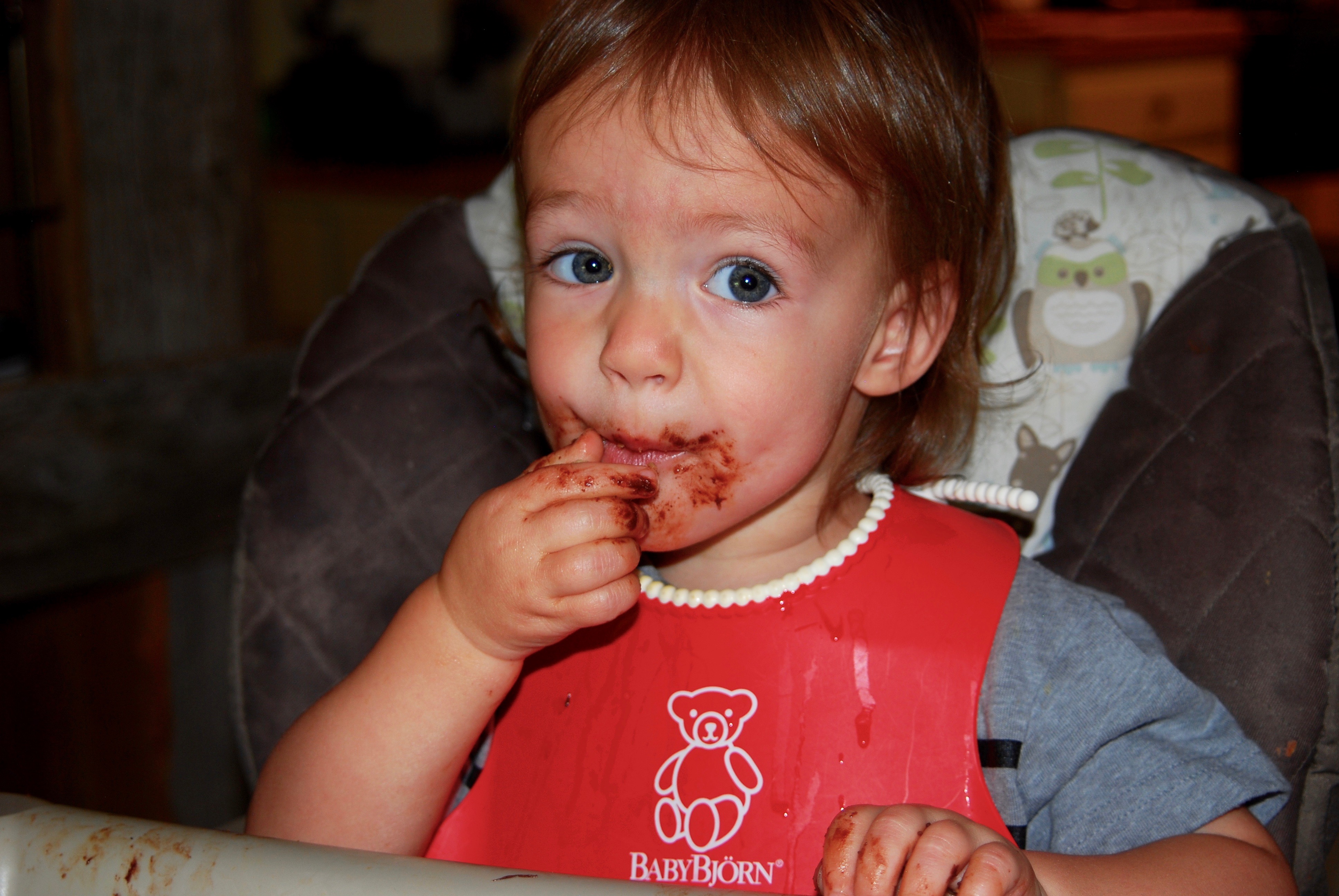 Abram eating chocolate chip pancakes