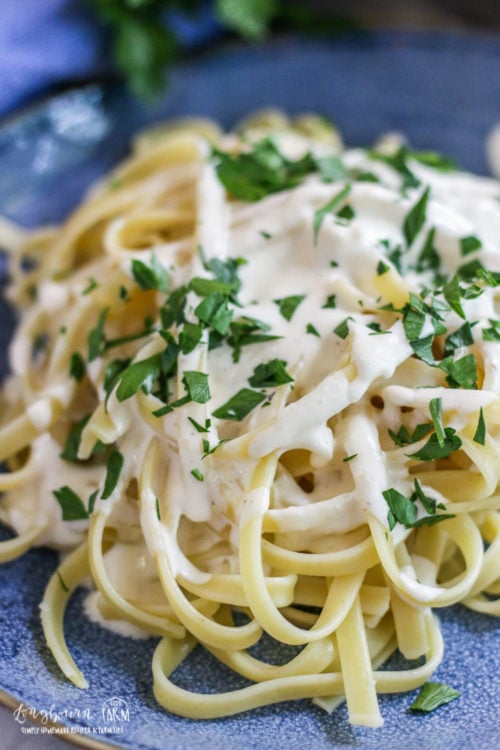 easy homemade alfredo plated on a blue plate with parsley on top. 