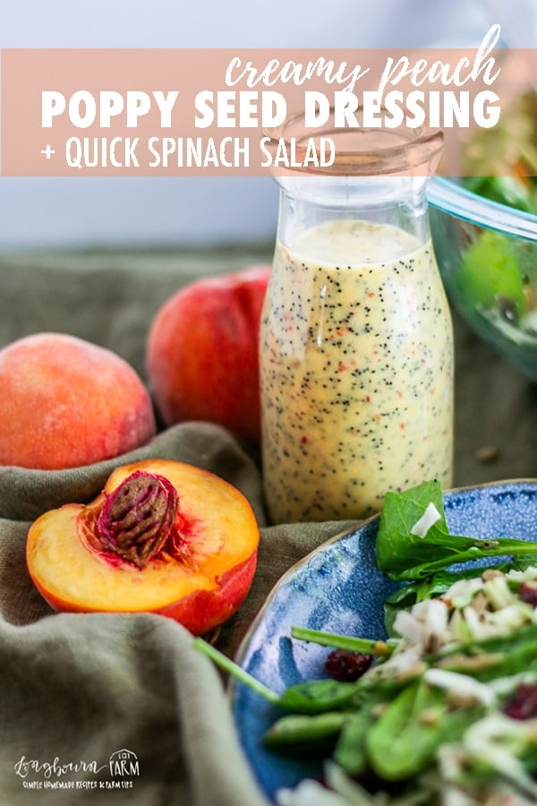This creamy poppy seed dressing and quick spinach salad are always a huge hit and a total crowd pleaser. Easy and packed with flavor! #longbournfarm #quickspinachsalad #spinachsalad #easyspinachsalad #poppyseeddressing #creamysaladdressing #creamypoppyseeddressing #peachsalad #peaches #peachsaladdressing