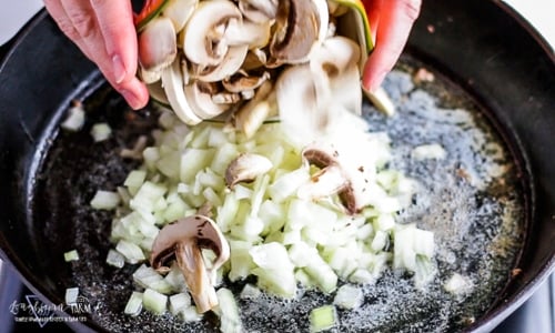 Adding mushrooms to easy homemade beef stroganoff.