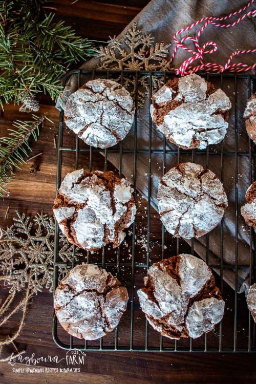 chocolate crinkle cookies on a cooling rack