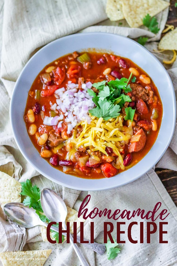 This hearty homemade chili recipe is sure to be a hit at your next family dinner. This easy chili is packed full of meat, beans, and tomato flavor! #chilirecipe #chilirecipeeasy #chilirecipebest #homemeadechili #homemadechilirecipe