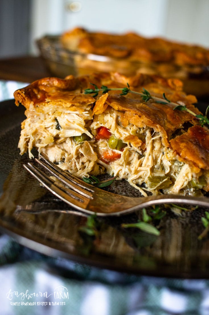 A close-up of a slice of homemade chicken pot pie on a dark plate, featuring a golden, flaky crust and savory filling of shredded chicken, peas, carrots, and celery, with herbs scattered on top and a fork resting nearby.