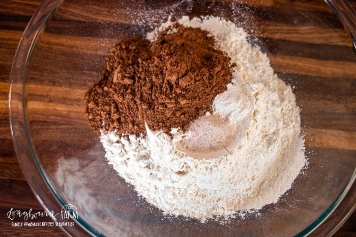a glass bowl filled with cocoa, flour, and other dry ingredients