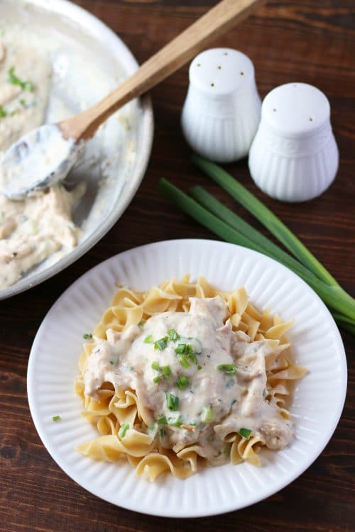 Creamy chicken over noodles on a white plate next to a skillet and salt and pepper shakers.
