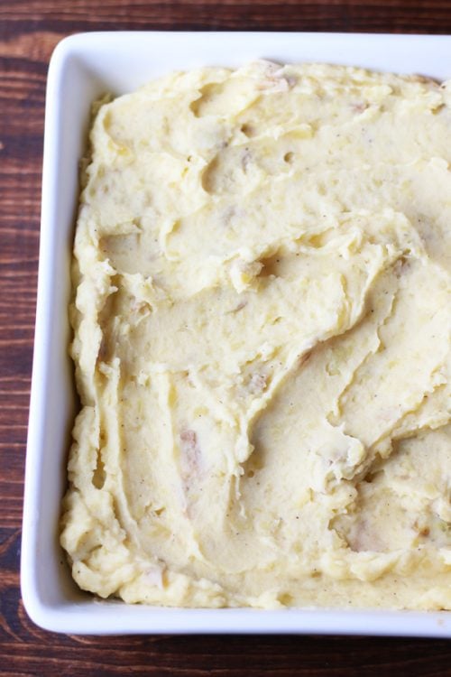 Make ahead mashed potatoes in an 8x8 pan.