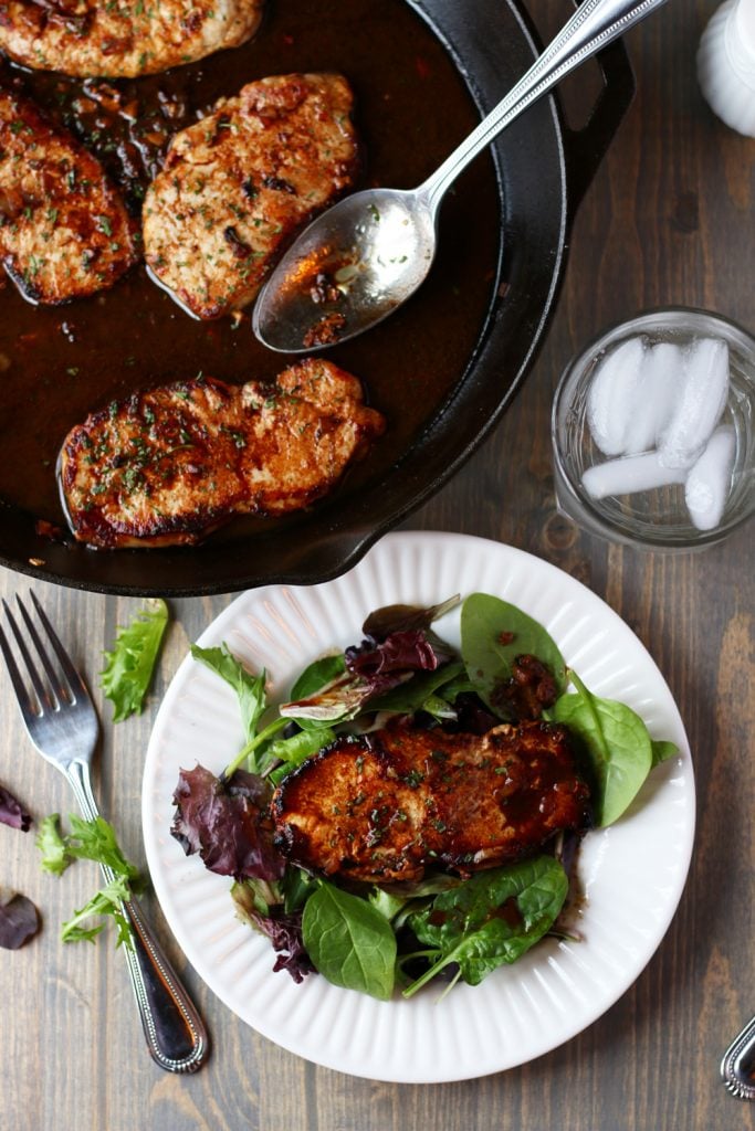Pan seared pork chops with an incredible marinade are perfect for a quick weeknight meal. Family friendly food, delicious over salad or something else!