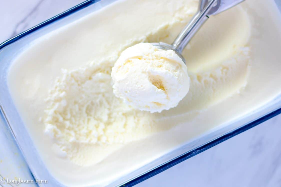 Close-up of a scoop of homemade vanilla ice cream.