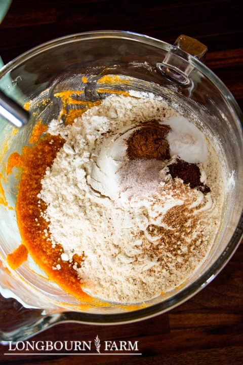 dry ingredients added to bowl of pumpkin butter mixture for cookie dough