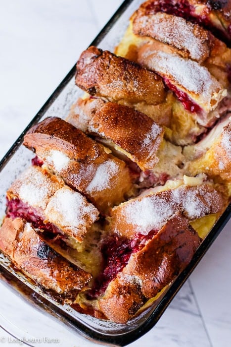 Baked overnight french toast bake in a pan.