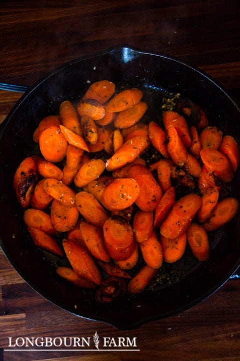 skillet glazed carrots in a cast iron skillet