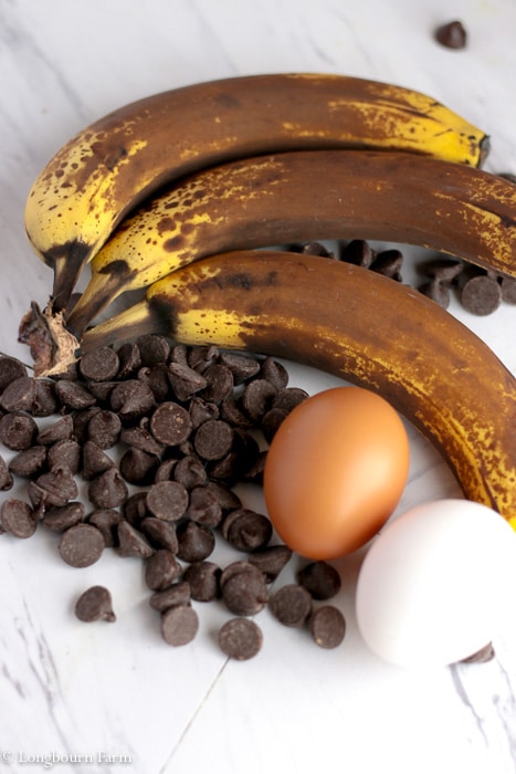 Chocolate chips next to a brown and white egg next to three ripe bananas.