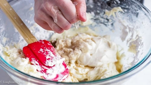 Squeezing lemon juice into cream cheese and powdered sugar mix.