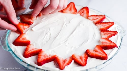 Placing strawberries on top of the no bake strawberry cheesecake. 
