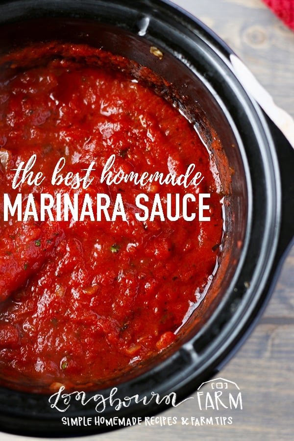 This homemade marinara sauce is easy to make in the crockpot and tastes better than anything you could buy at the store! How-to recipe video in the post! #marinara #homemadesauce #marinarasauce #pasta #marinarapasta #sausagepasta #fromscratch #italiancooking #italian 