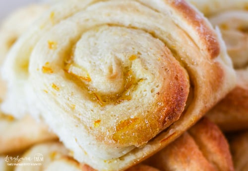 Close-up of a finished orange roll.
