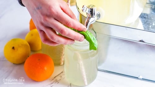 Hand garnishing a glass of citrus lemonade with a basil sprig.