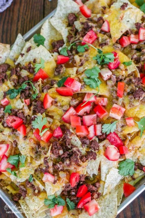 Top view of a finished tray of ground beef nachos topped with cilantro and tomatoes.