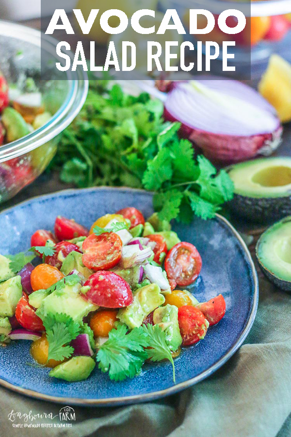 This avocado salad recipe is an easy avocado recipe and a perfect as a side dish, or add some protein to make it a full meal! #longbournfarm #avocado #avocadorecipe #avocadosalad #avocadosaladrecipe #easysalad #easysaladrecipe #easyavocadorecipe 