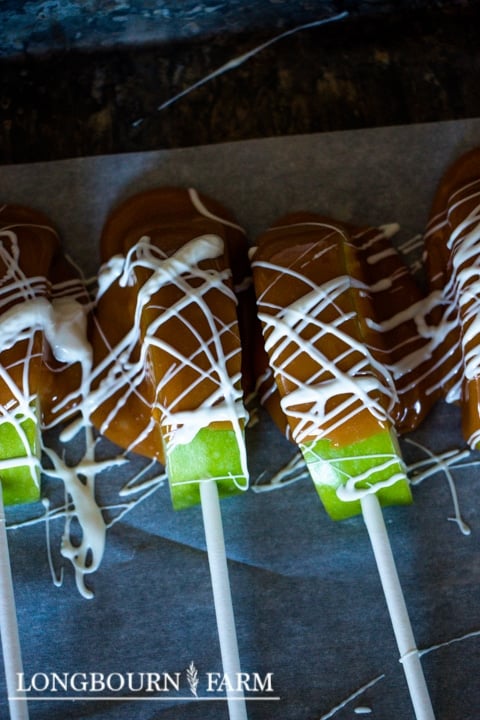 white chocolate drizzled on caramel covered apple slices on sticks
