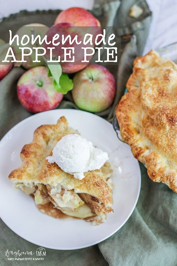 Homemade apple pie can sound intimidating but it really isn't complicated. This homemade apple pie is simple but delicious and the perfect dessert any time of the year. Homemade apple pie is great for Thanksgiving or Christmas. Homemade apple pie isn't hard and this recipe is easy with step-by-step directions! #homemadeapplepie #applepie #longbournfarm #homeamdepie #piefromscratch #easyapplepie #applepiefromscratch