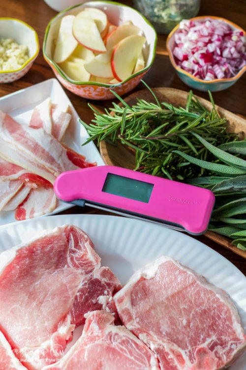 Ingredients and ThermoWorks Thermapen MK4 ready to make apple pork chops. 