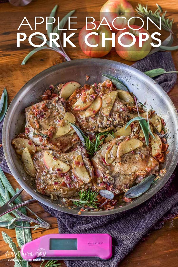 Bacon apple pork chops are packed with flavor and done in just 30 minutes! Everyone will love this incredible, one-pan recipe. #appleporkchops #appleporkchopsskillet #baconappleporkchops #porkchoprecipes #porkrecipes