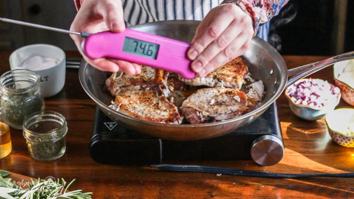 Thermapen Mk4 being used in apple bacon pork chops. 