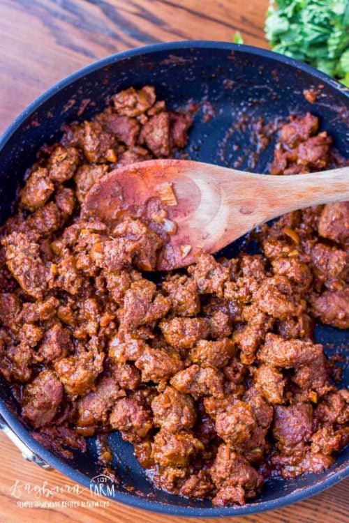 Ground beef taco meat in a skillet.