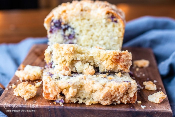 This blueberry bread recipe is easy and delicious! The crumb topping is sweet and crunchy, perfect when paired with the soft and fluffy inside. #blueberrybread #blueberrybreadrecipe #blueberrybreadeasy #blueberryquickbread #blueberryquickbreadrecipe #blueberryquickbreadeasy #blueberrybreadmoist #blueberrybreadwithcrumbtopping