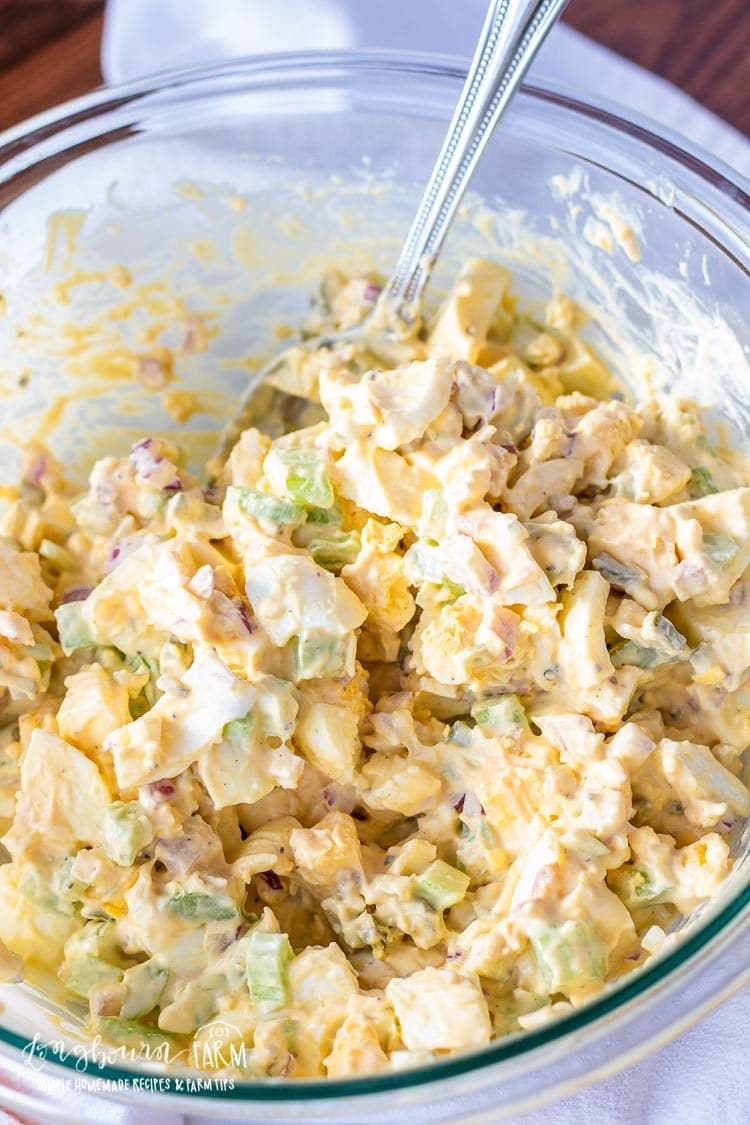 Mixed easy egg salad recipe ingredients.