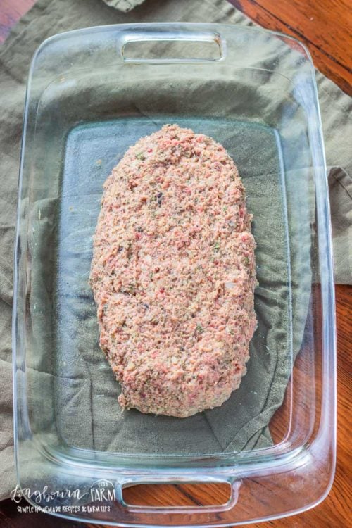 Shaped meatloaf in a 9x13 pan. 
