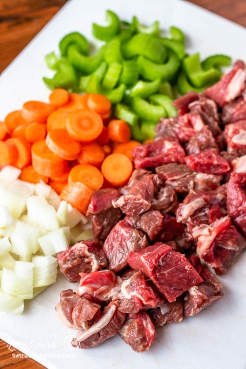 Ingredients prepped for pressure cooker beef stew.