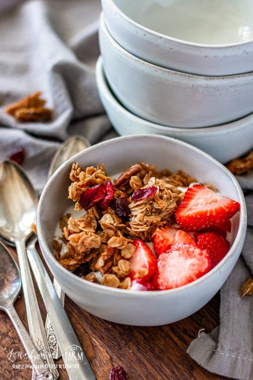 Easy homemade granola in a small bowl. 