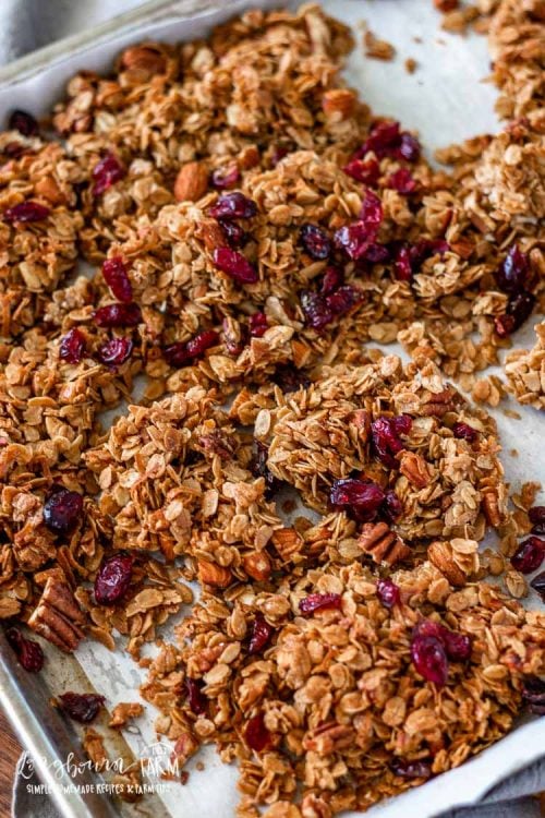 Close-up of homemade easy granola on a sheet pan. 