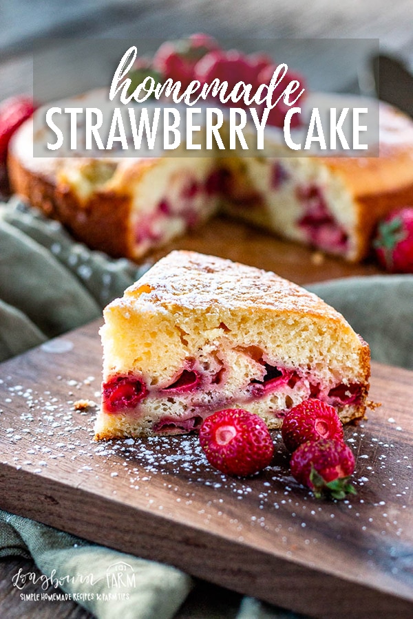 Homemade strawberry cake is easy to make and a showstopper at any party. You'll get asked for this simple recipe over and over! #cake #strawberrycake #homemadecake #homemadestrawberrycake #strawberrycakerecipe #homemadecakerecipe #howtomakecake #howtomakestrawberrycake #bakingday #howtobakecake #easycakerecipe #simplecakerecipe #onelayercake