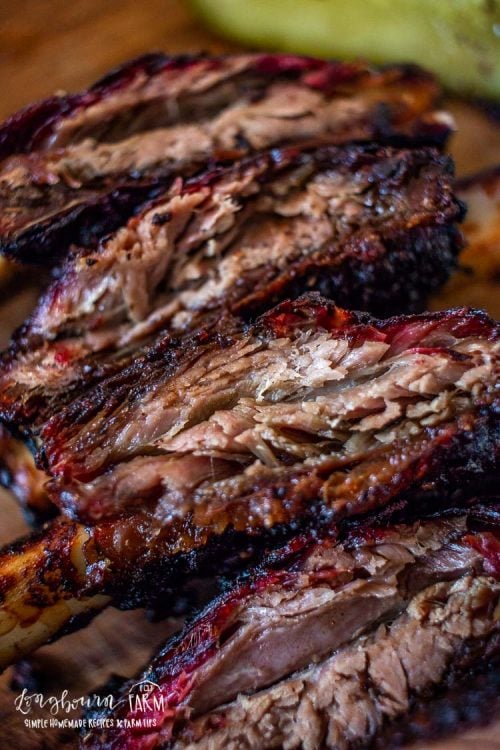 Close-up of smoked beef ribs smoked in an electric smoker. 