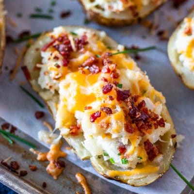 Close-up of easy twice baked potatoes on a sheet tray.