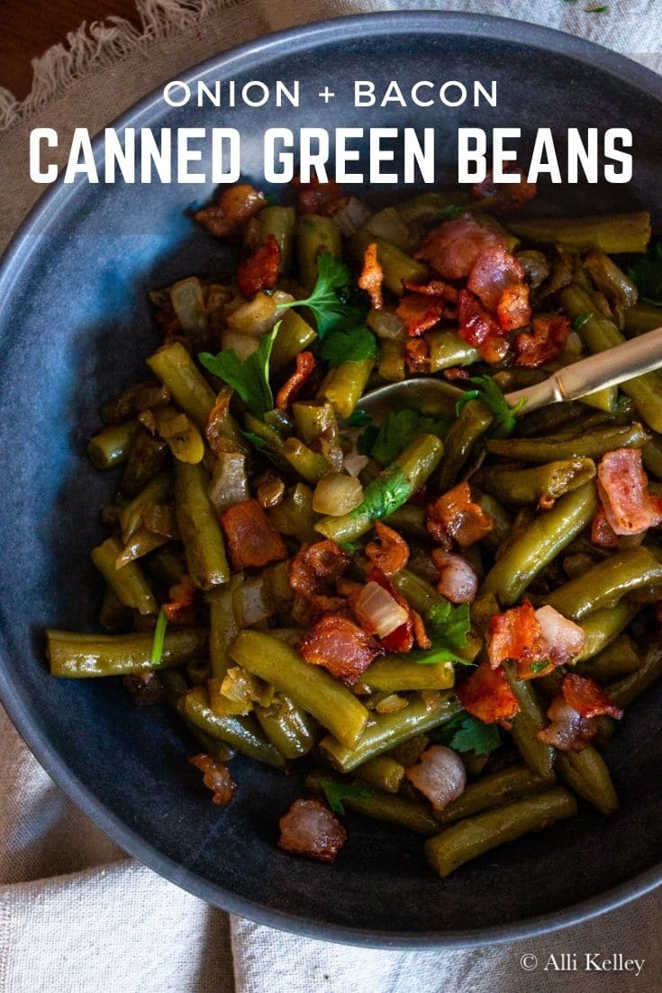 Canned green beans don't have to be boring! Add onions and bacon to kick up this pantry staple a few notches. This is a family favorite!! #greenbeans #bacon #onions #greenbeanswithbacon #cannedgreenbeans #cannedgreenbeaswithbacon #baconrecipes #sidedish #onionsandbacon #sautedveggies #sidedish