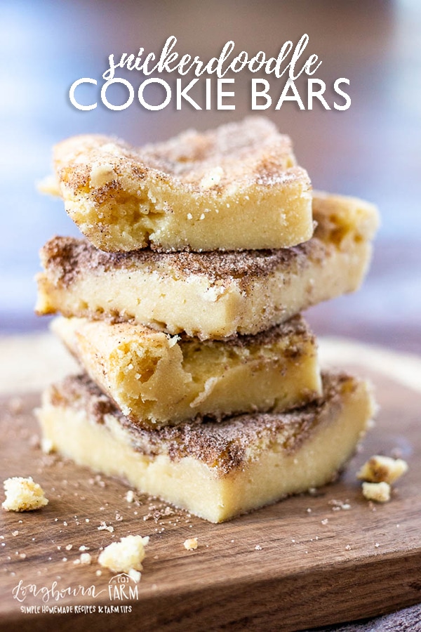 Snickerdoodle bars are just as tasty as the cookies but easier to make. Soft and chewy on the inside with a cinnamon and sugar crunch on the outside! #snickerdoodles #cookies #cookierecipe #baking #cookiebar #cookiebarrecipe #snickerdoodlebar #snickerdoodlebarrecipe #snickerdoodlerecipe #snickerdoodleschewy #bestsnickerdoodles