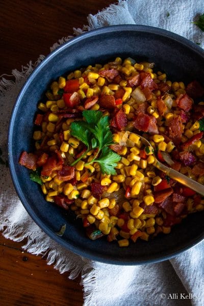 Canned Corn Recipe with Peppers + Bacon
