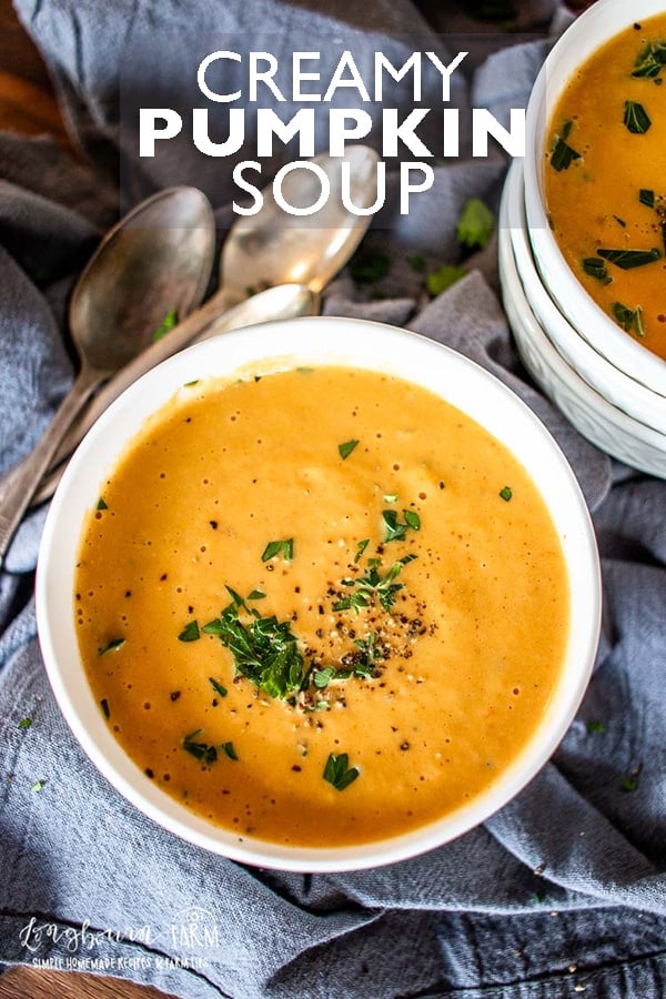 This creamy pumpkin soup recipe is so easy to make and is perfect for Fall!! Delicious flavors and simple ingredients make this a family favorite! #soup #soupseason #creamypumpkinsoup #pumpkin #pumpkinrecipe #pumpkinsoup #souprecipe #pumpkinsouprecipe #easypumpkinsoup