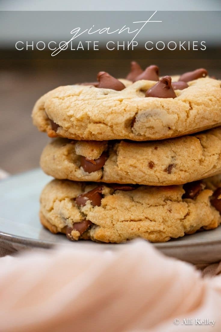 Jumbo chocolate chip cookies are easy to make at home and rival any you can buy from a local cookie delivery service! Huge, soft, chewy, and irresistible! #chocolatechipcookies #homemadechocolatechipcookies #jumbochocolatechipcookies #crumblcookierecipe #bakedcookierecipe #doughychocolatechipcookies #cookierecipe #homemadecookies