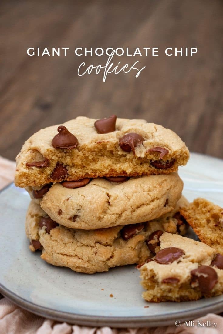 Jumbo chocolate chip cookies are easy to make at home and rival any you can buy from a local cookie delivery service! Huge, soft, chewy, and irresistible! #chocolatechipcookies #homemadechocolatechipcookies #jumbochocolatechipcookies #crumblcookierecipe #bakedcookierecipe #doughychocolatechipcookies #cookierecipe #homemadecookies
