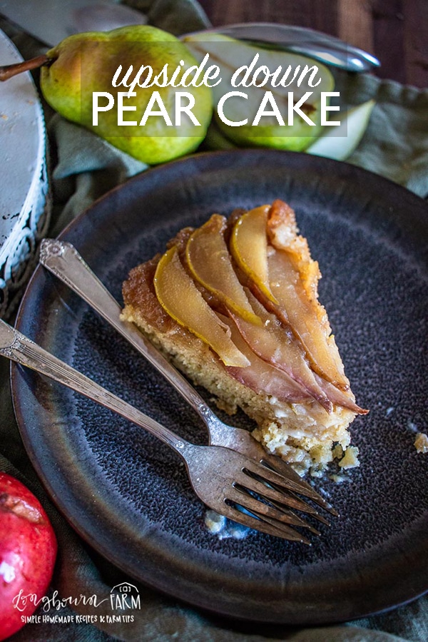 Homemade upside-down pear cake is a stunning Fall dessert that is easy to make! Sweet with a little bit of spice, this cake is a show-stopper.