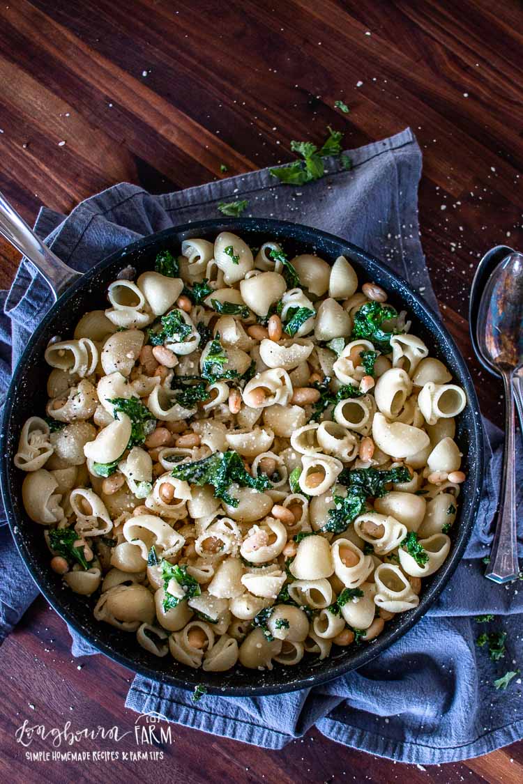 White bean and kale pasta in a frying pan on a grey towel, horizontal. 